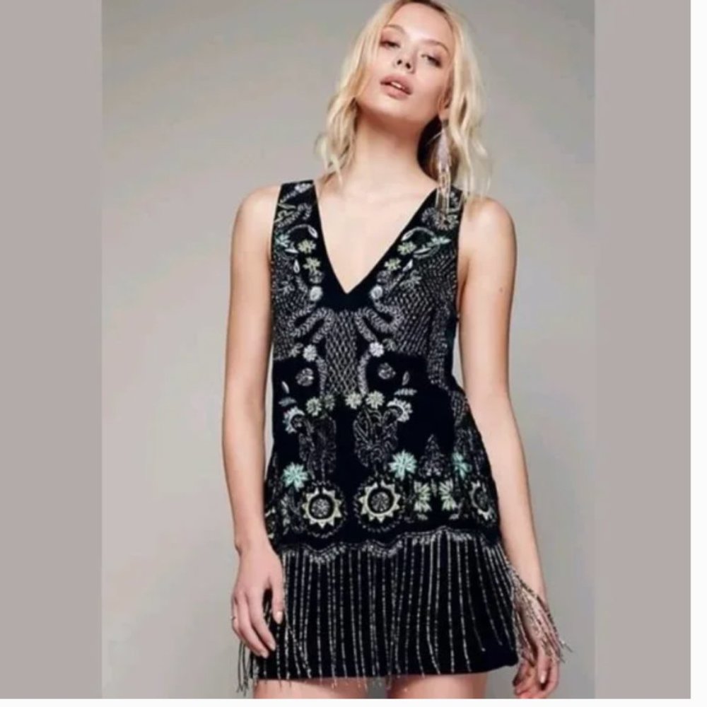 Free People Snake Eyes Shimmy Shaker Beaded Velvet Mini Dress Emerald Green